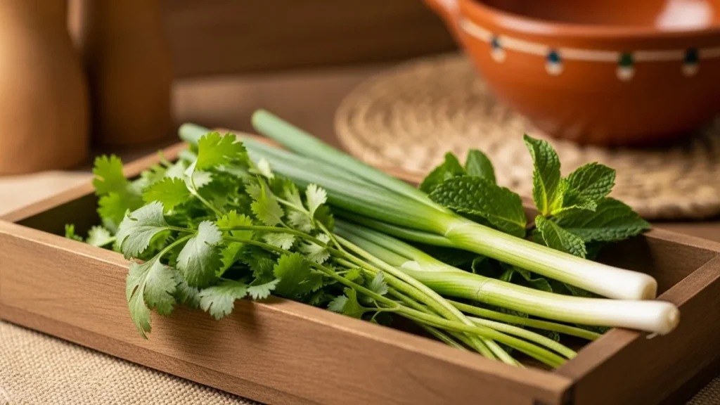 Coentro e Seus Irmãos - Ramais frescos de coentro, cebolinha e hortelã dispostos em um tabuleiro de madeira rústica, representando os principais temperos da culinária nordestina.