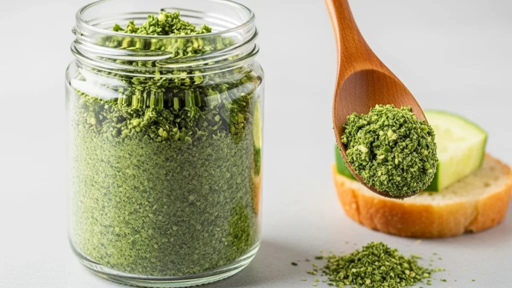 Coentro e Seus Irmãos: Desvendando os Poderes do Coentro, Cebolinha e Hortelã na Saúde e Sabor Nordestino 1 Pote de vidro cheio do Tempero Verde Nordestino caseiro, uma mistura verde vibrante de coentro, cebolinha e hortelã picados, com uma colher de madeira ao lado.