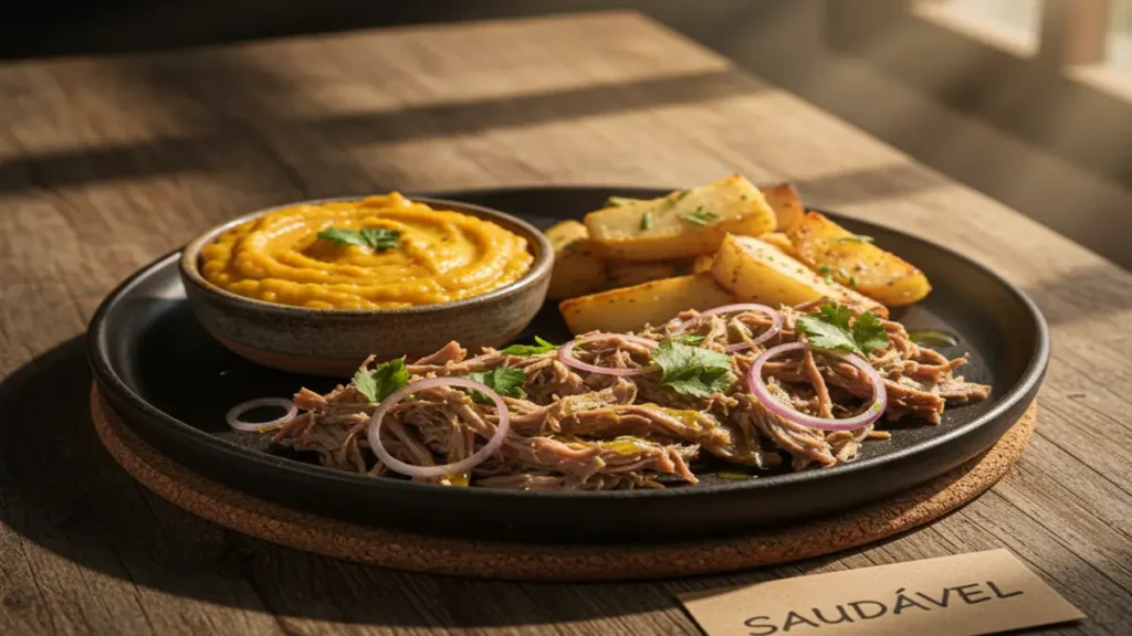 Refeição equilibrada com Carne de Sol, mandioca cozida (amido resistente) e purê de abóbora.