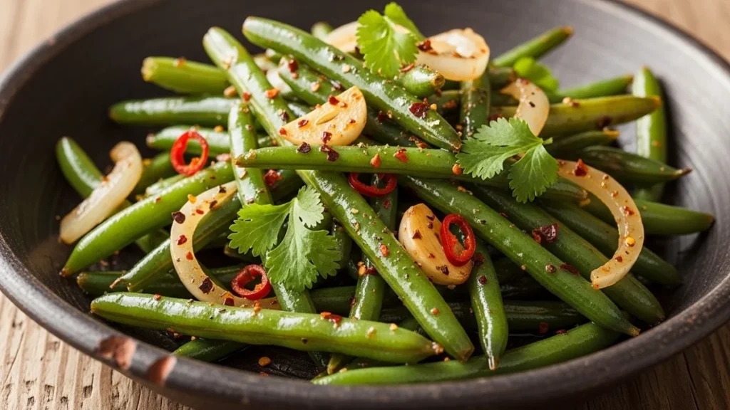 Feijão de corda cozido com temperos frescos e coentro. Receita saudável e rica em ferro.