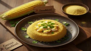 Cuscuz saudável e proteico, feito com flocão de milho na culinária nordestina.