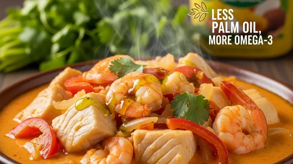 Porção de Moqueca Saudável de peixe e camarão, temperada com coentro, evidenciando o baixo dendê e o alto Ômega-3.