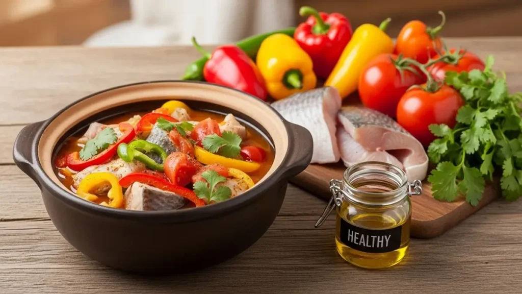 Moqueca Saudável de peixe com temperos frescos e pouco azeite de dendê e Ômega-3.