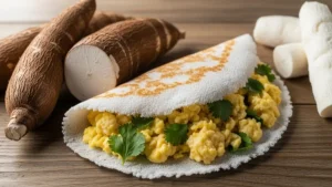 Home 6 Mandioca e Tapioca - Tapioca recheada com ovos e mandioca cozida, evidenciando a tapioca na dieta sem glúten e proteica.