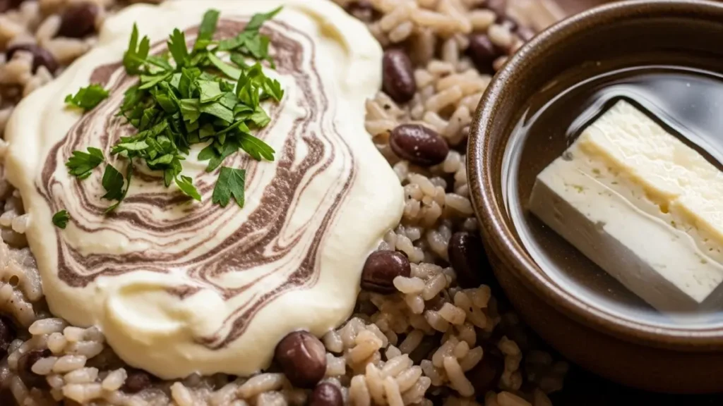 Baião de Dois Regional: A Receita Perfeita para Combinar Arroz, Feijão e Queijo Coalho com Equilíbrio 1 Close-up do Baião de Dois mostrando a cremosidade com substitutos da nata e Queijo Coalho dessalgando.