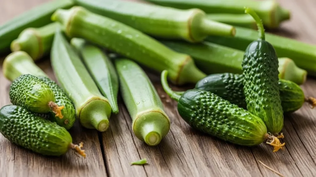 Maxixe e Quiabo: Os Superalimentos do Sertão que Transformam a Saúde 1 Close-up de maxixes verdes frescos sobre uma mesa de madeira rústica.