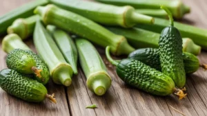 Home 10 Close-up de maxixes verdes frescos sobre uma mesa de madeira rústica.