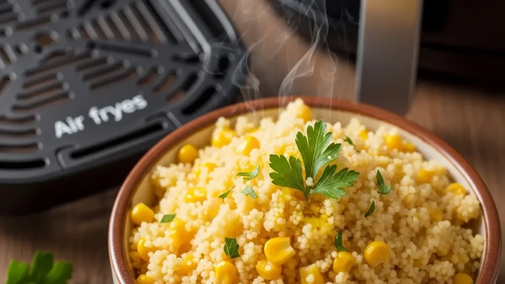 Cuscuz na Airfryer - O nordestino fofinho dentro de um ramequim branco saindo da cesta de uma Airfryer preta com fumaça.