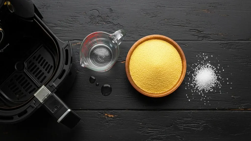 Como fazer Cuscuz na Airfryer em minutos: Praticidade sem perder o sabor 1 Cuscuz na Airfryer - Flocão de milho em uma tigela de madeira, um copo de água e sal sobre mesa rústica.