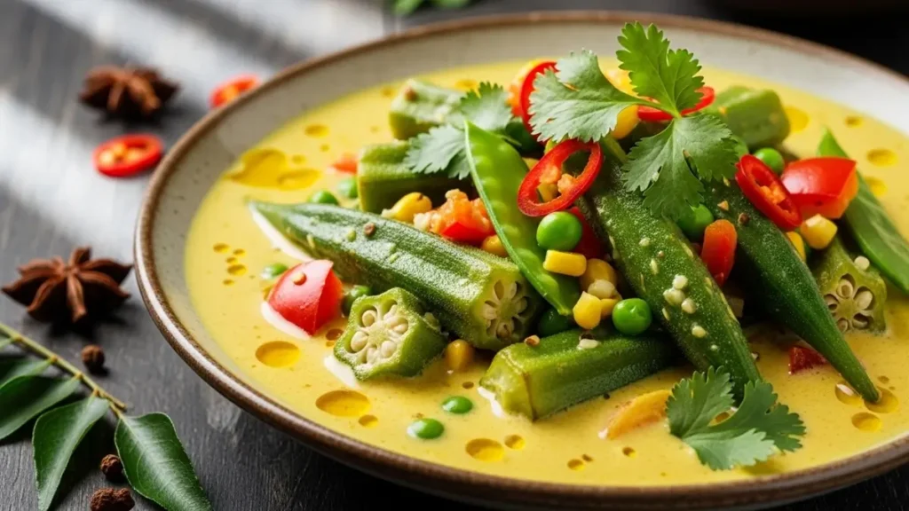 Maxixe e Quiabo: Os Superalimentos do Sertão que Transformam a Saúde 1 Prato de maxixada com vegetais coloridos e leite de coco.