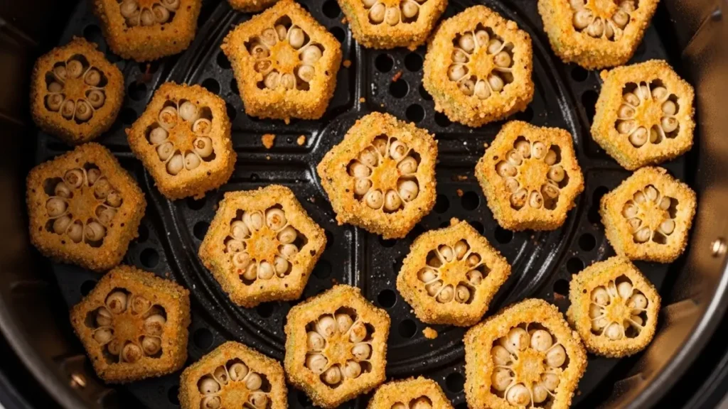 Maxixe e Quiabo: Os Superalimentos do Sertão que Transformam a Saúde 3 Quiabos em rodelas dourados e crocantes dentro de uma Airfryer.