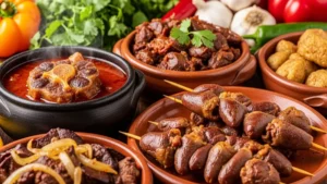 Home 3 Mesa com pratos de moela, coração de frango, fígado acebolado e caldo de mocotó em panelas de barro com temperos nordestinos