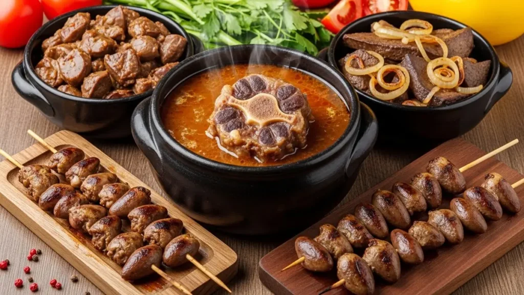 As 10 Carnes Mais Nutritivas da Culinária Nordestina: Guia Completo com Dados Nutricionais 2 Mesa com pratos de moela, coração de frango, fígado acebolado e caldo de mocotó em panelas de barro com temperos nordestinos