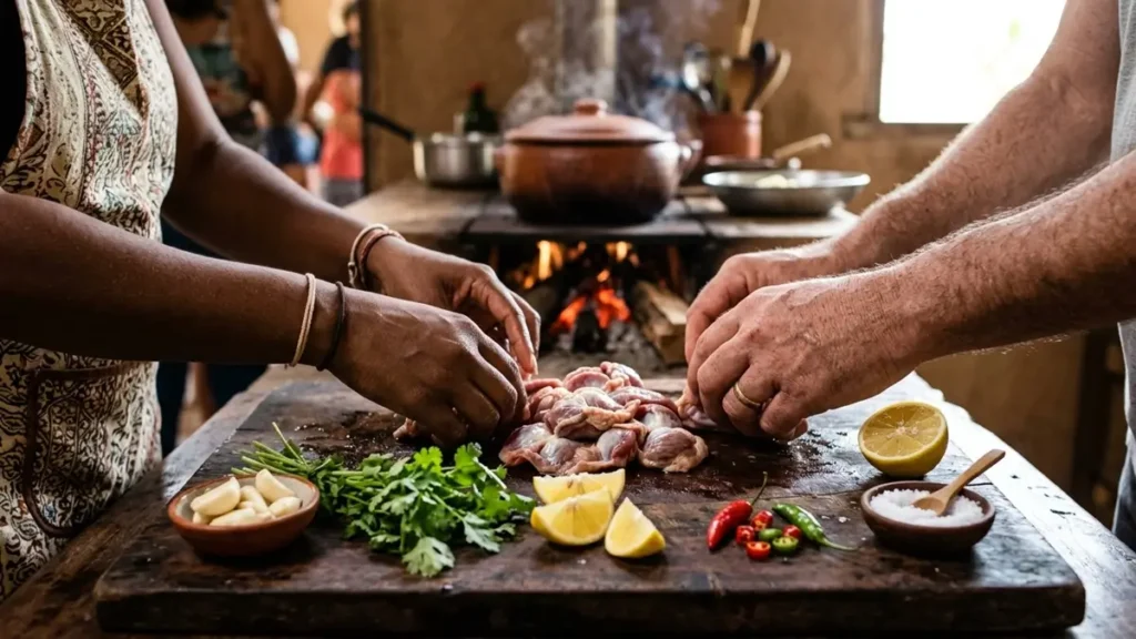 As 10 Carnes Mais Nutritivas da Culinária Nordestina: Guia Completo com Dados Nutricionais 1 Mãos preparando moela de frango com temperos frescos em tábua de madeira rústica, mostrando o processo de higienização e tempero