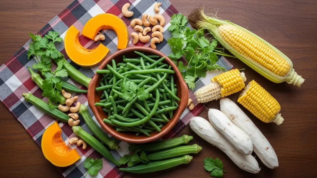 Alimentos nordestinos ricos em fibras: feijão verde, quiabo, milho, jerimum, castanha de caju e mandioca arrumados em uma mesa de madeira rústica com elementos regionais