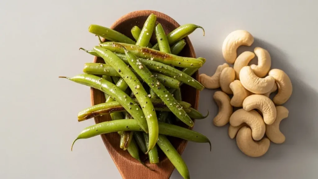 Feijão verde em colher de pau e castanhas de caju inteiras, alimentos nordestinos ricos em fibras e proteínas vegetais para uma dieta equilibrada