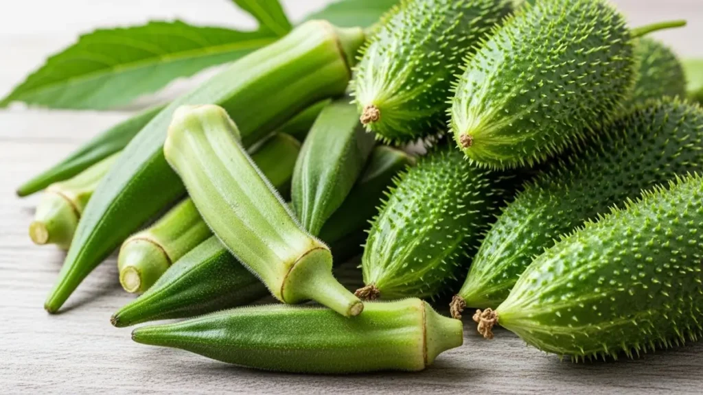 Quiabo e maxixe frescos sobre mesa de madeira, dois alimentos nordestinos ricos em fibras solúveis que ajudam na saúde intestinal e controle do colesterol