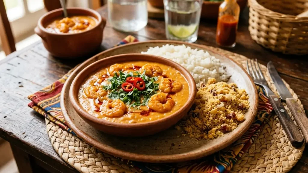 Bobó de camarão cremoso servido com arroz branco e farofa, molho alaranjado com camarões e coentro