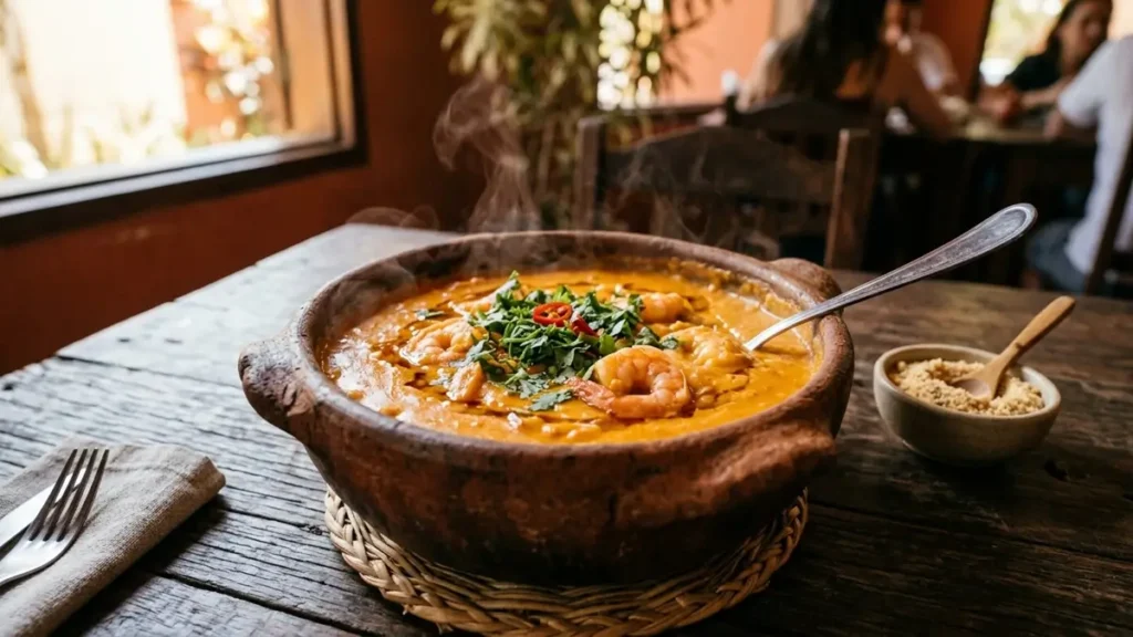 Bobó de camarão saudável cremoso em panela de barro com camarões rosados e coentro fresco