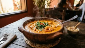 Bobó de camarão saudável cremoso em panela de barro com camarões rosados e coentro fresco