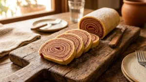 Bolo de rolo pernambucano fatiado mostrando múltiplas camadas finas com recheio de goiabada cremosa