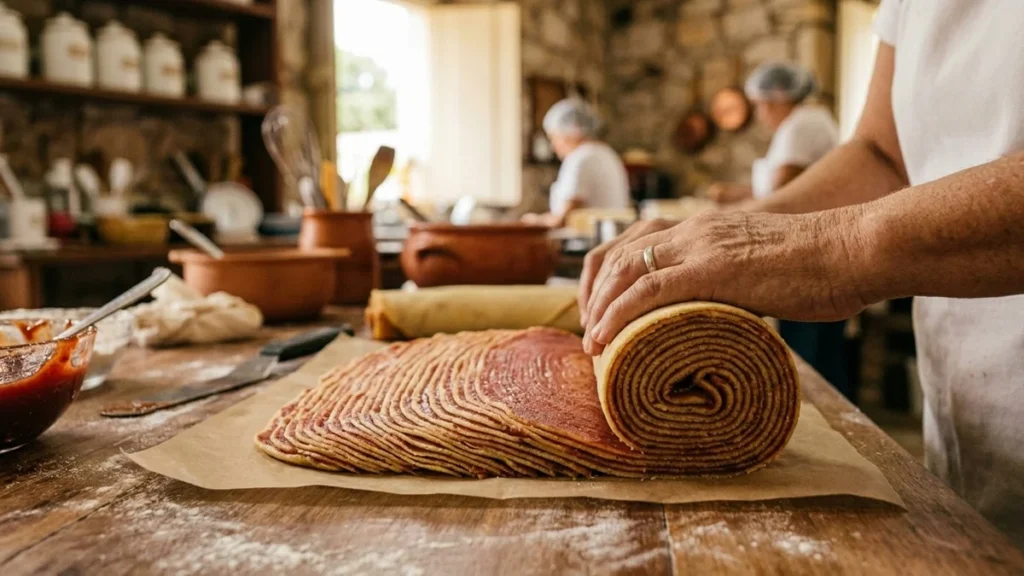 Mãos enrolando camada fina de massa com goiabada sobre papel manteiga na técnica do bolo de rolo
