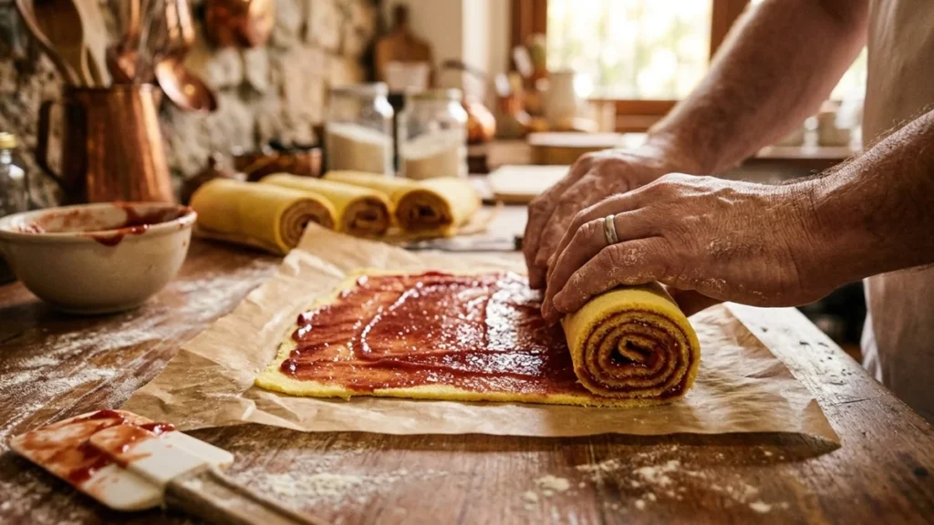 Mãos enrolando camada fina de massa com goiabada sobre papel manteiga na técnica do bolo de rolo pernambucano