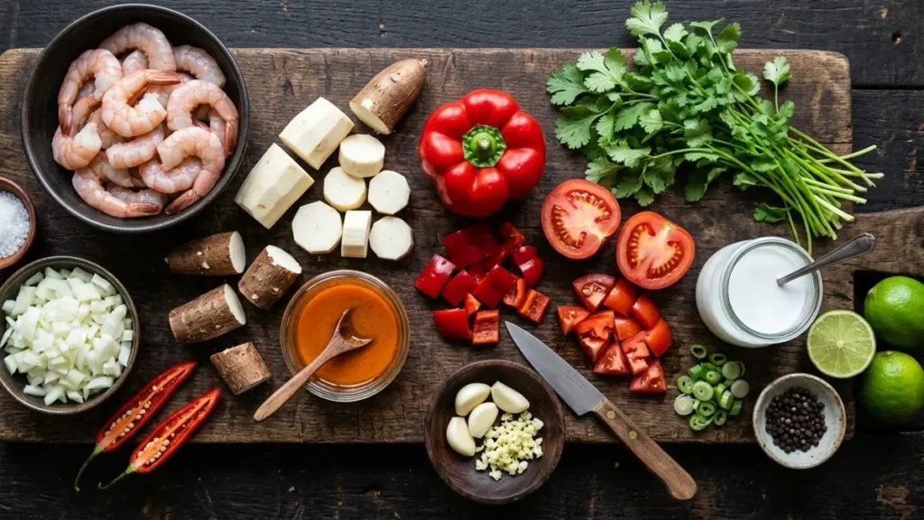 Ingredientes do bobó de camarão com mandioca fresca, camarão cru, pimentão, tomate, alho e azeite de dendê