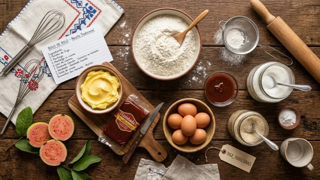 Ingredientes do bolo de rolo pernambucano: farinha de trigo, manteiga, ovos, açúcar e goiabada cremosa