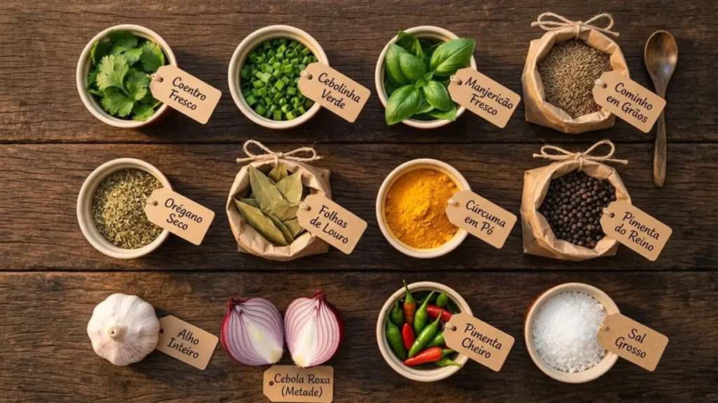 Kit completo de temperos nordestinos sem sal organizado em grupos: frescos, secos e aromáticos — coentro, cominho, cúrcuma, alho, cebola roxa e pimenta-de-cheiro