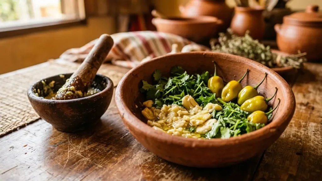 Tigela de barro com alho amassado, coentro fresco e pimenta-de-cheiro — a tríade de temperos nordestinos que substituem o sal no feijão e nos caldos