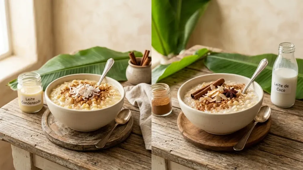 Comparação entre canjica tradicional e versão saudável com leite de coco para festa junina