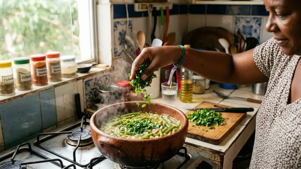 10 Temperos Nordestinos que Substituem o Sal  - Coentro fresco sendo adicionado ao feijão verde nordestino sem sal