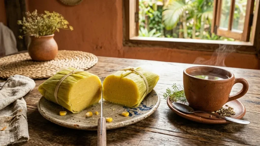 Pamonha Saudável Sem Açúcar: a Receita Nordestina que Diabéticos e Hipertensos Podem Aproveitar 1 Pamonha saudável cortada ao meio com massa cremosa de milho verde