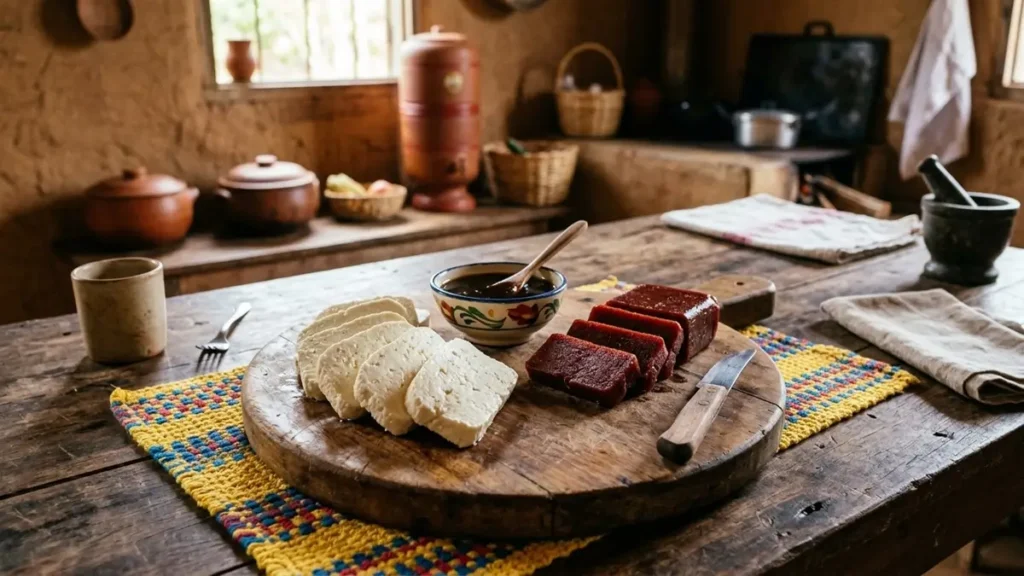Queijo Coalho: o Tesouro Nordestino que Faz Bem à Saúde 1 fatias de queijo coalho com mel de cana e goiabada, combinação nordestina