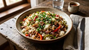 Prato tradicional de Maria Isabel do Piauí com arroz e carne seca