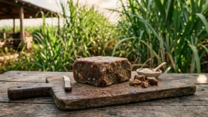 Temperos do Nordeste 4 Rapadura artesanal em bloco sobre tábua de madeira