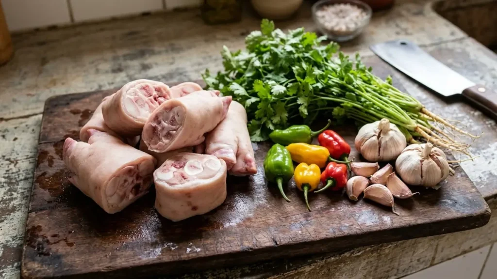 Feijão com Pé de Porco: Receita e Colágeno do Nordeste 1 Pé de porco e temperos usados no preparo do feijão
